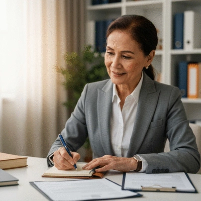 Person making notes in a notebook during a consultation, with legal documents scattered on the table
