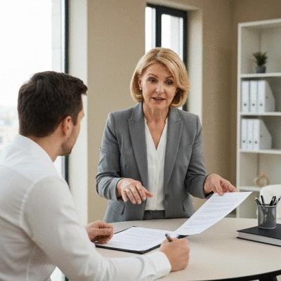 A lawyer explaining legal documents to a client, symbolizing expert guidance in estate planning