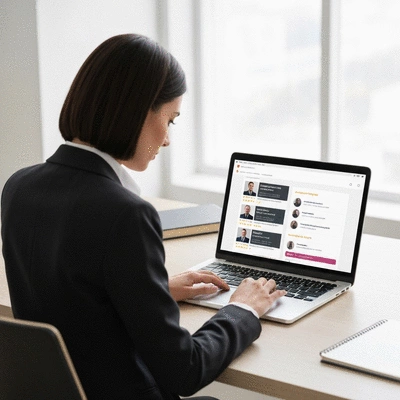Person using a laptop to research criminal defense lawyers, with a focus on online reviews and qualifications