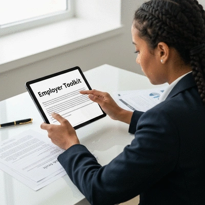 Professional looking at a tablet displaying 'Employer Toolkit' with legal documents and a pen on a clean desk, no text, no words, no typography, 8K, natural lighting