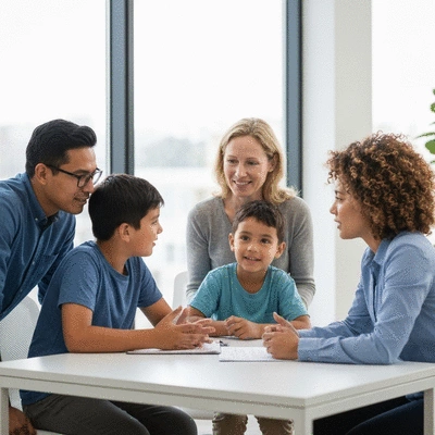 Diverse family consulting with a legal aid representative in a modern office setting, illustrating support and guidance, no text, no words, no typography, clean image