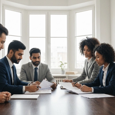 Business professionals reviewing legal documents in a modern office, no text, no words, no typography, 8K, natural lighting