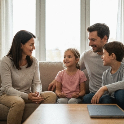 Family members, including parents and children, engaging in a positive and cooperative discussion in a supportive home environment