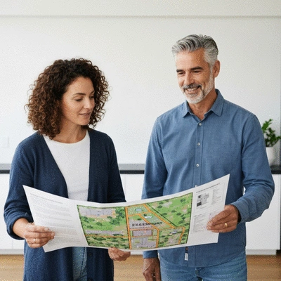 Two property owners discussing an easement on a map, pointing to specific areas, clean, modern setting