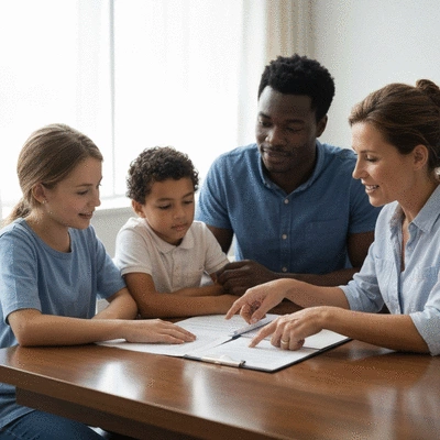Family consulting with an immigration lawyer, reviewing documents on a desk