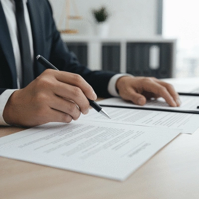 Close-up of legal documents being reviewed by a lawyer, emphasizing expertise and attention to detail