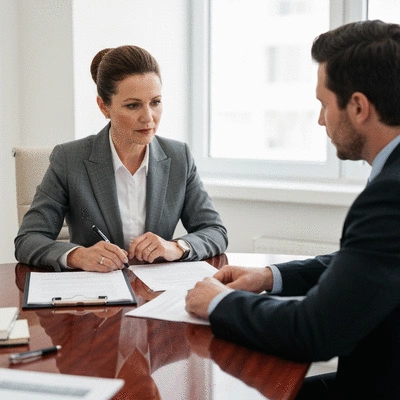 Client and lawyer discussing documents in a modern office setting