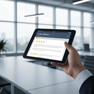 Hand holding a tablet with five-star client reviews for legal services