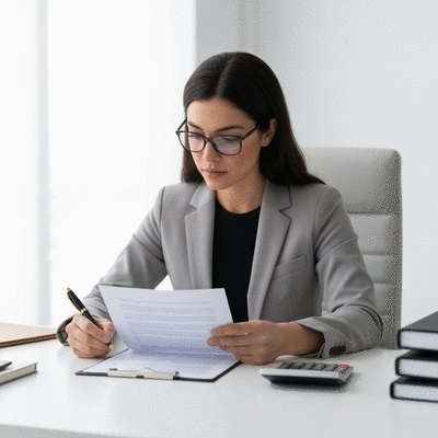 Person reviewing legal documents with a calculator and pen, representing financial commitment to legal fees