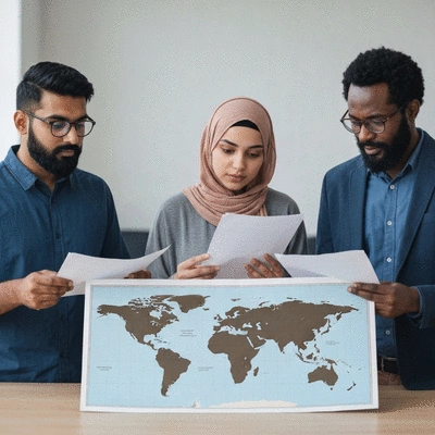 Diverse group of people looking at immigration documents and a world map, representing global immigration and legal changes