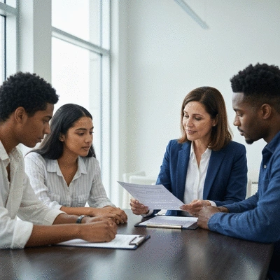 Diverse group of people discussing immigration documents with a lawyer in a modern office, no text, no words, no typography, clean image