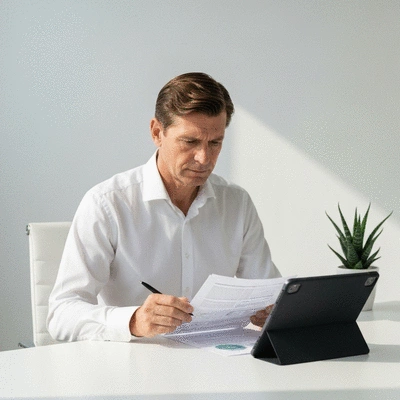 Property owner reviewing environmental regulations on a tablet with legal documents and a plant in the background