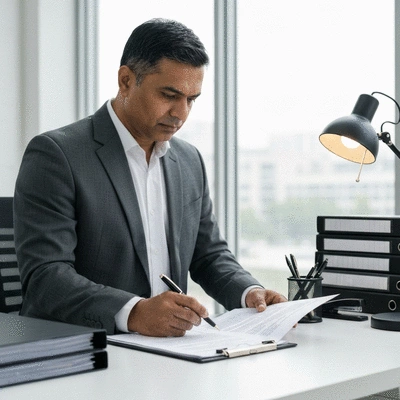 Business owner reviewing a commercial lease document with a pen, surrounded by office supplies, in a clean, modern office. No text, no words, no typography, no labels, clean image.