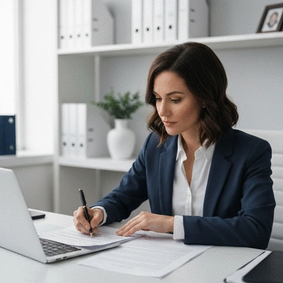 Person researching legal documents on a laptop, with a clean and modern office background