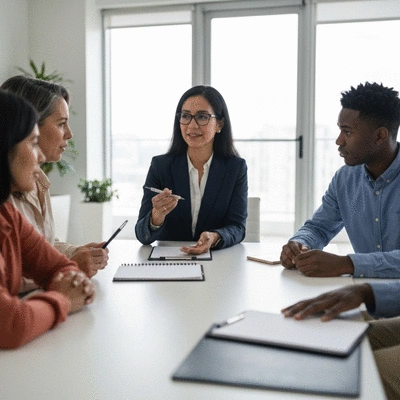 Diverse group of people in a mediation session, with a mediator facilitating discussion in a modern office setting