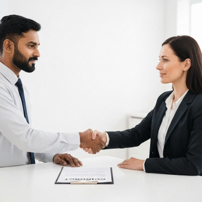 Two business people shaking hands over a contract, symbolizing agreement and potential for dispute if terms are not met, no text, no words, no typography, no labels, clean image