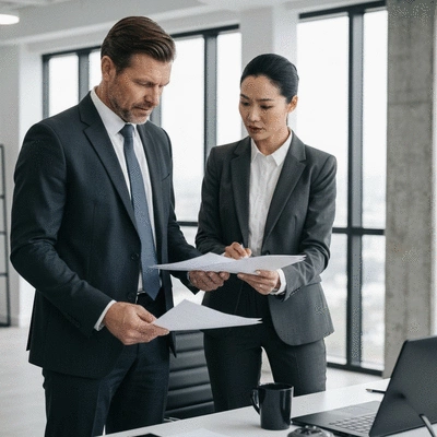 Business owner reviewing documents with a lawyer in an office setting