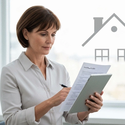 Person reviewing a legal checklist for home buying on a tablet, with a house silhouette in the background