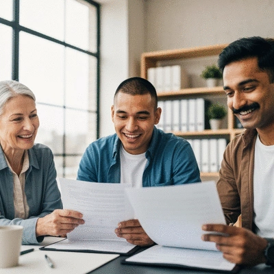 Diverse group of people looking at immigration documents and smiling, clean image