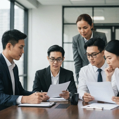 Diverse group of professionals collaborating around a table with legal documents, representing informed decision-making, no text, no words, no typography, clean image