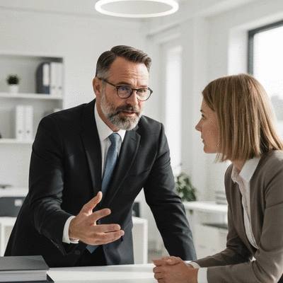 Legal professional discussing defense strategies with a client in a modern office. No text, no words, no typography, no labels, clean image.